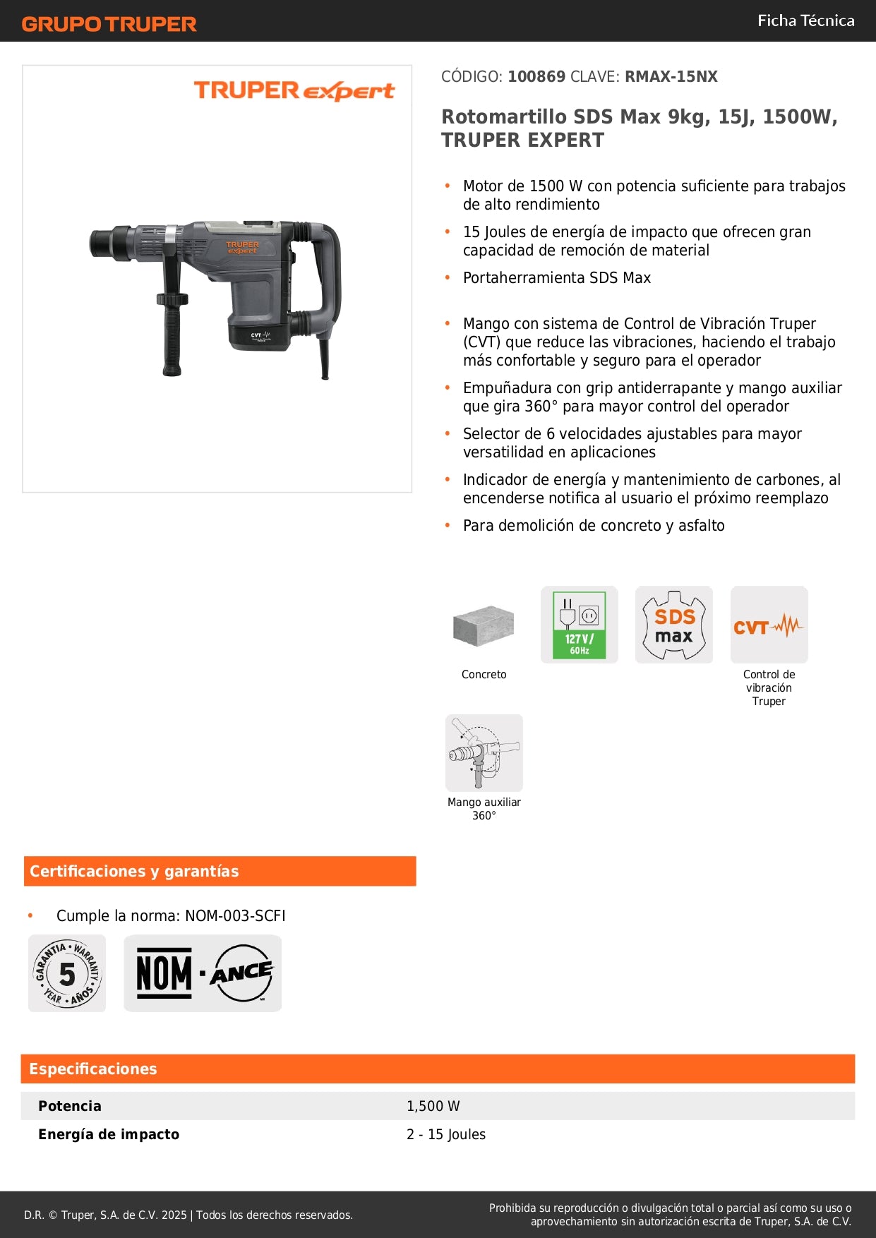 Rotomartillo SDS Max 9kg, 15J, 1500W, TRUPER EXPERT