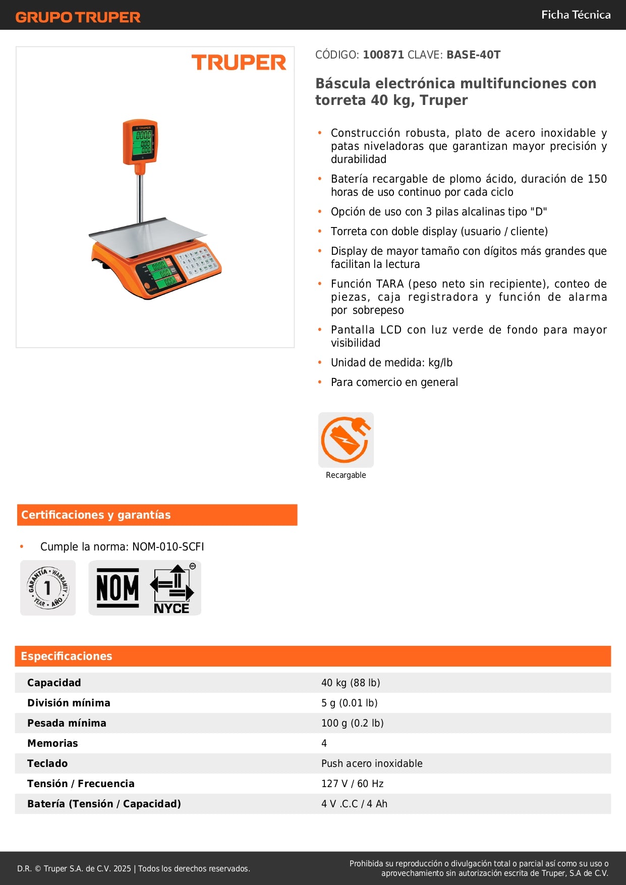 Báscula Electrónica Comercial Truper 40kg con Torreta Doble Display - Solución Profesional para Pesaje Preciso BASE-40T