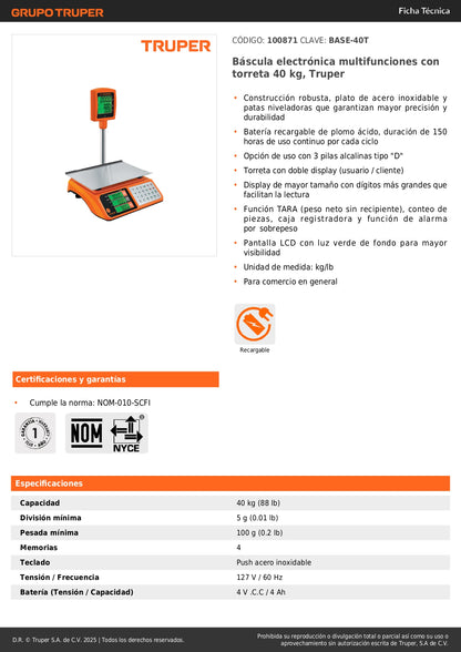 Báscula Electrónica Comercial Truper 40kg con Torreta Doble Display - Solución Profesional para Pesaje Preciso BASE-40T