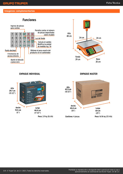 Báscula Electrónica Comercial Truper 40kg con Torreta Doble Display - Solución Profesional para Pesaje Preciso BASE-40T
