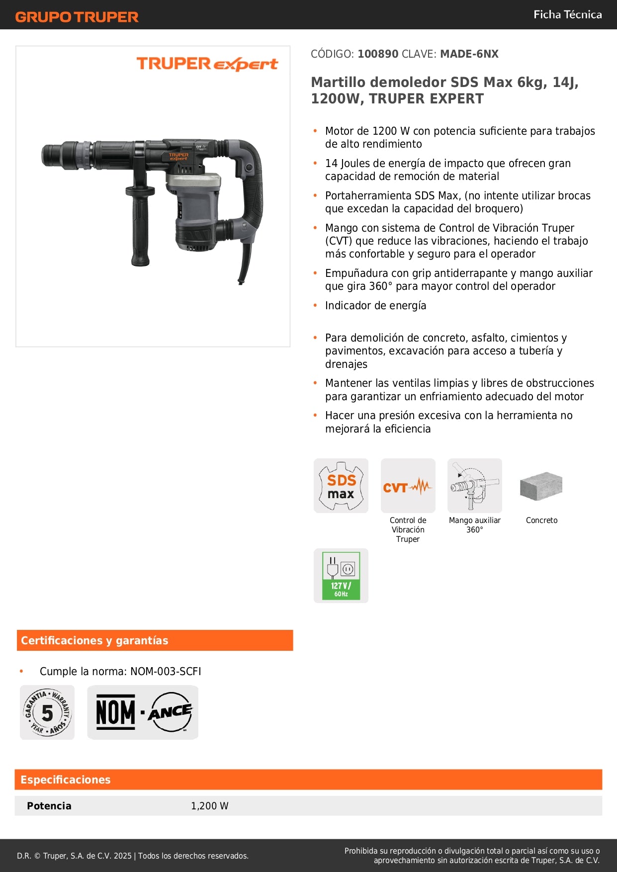 Martillo demoledor SDS Max 6kg, 14J, 1200W, TRUPER EXPERT