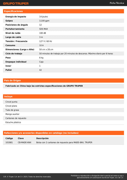 Martillo demoledor SDS Max 6kg, 14J, 1200W, TRUPER EXPERT