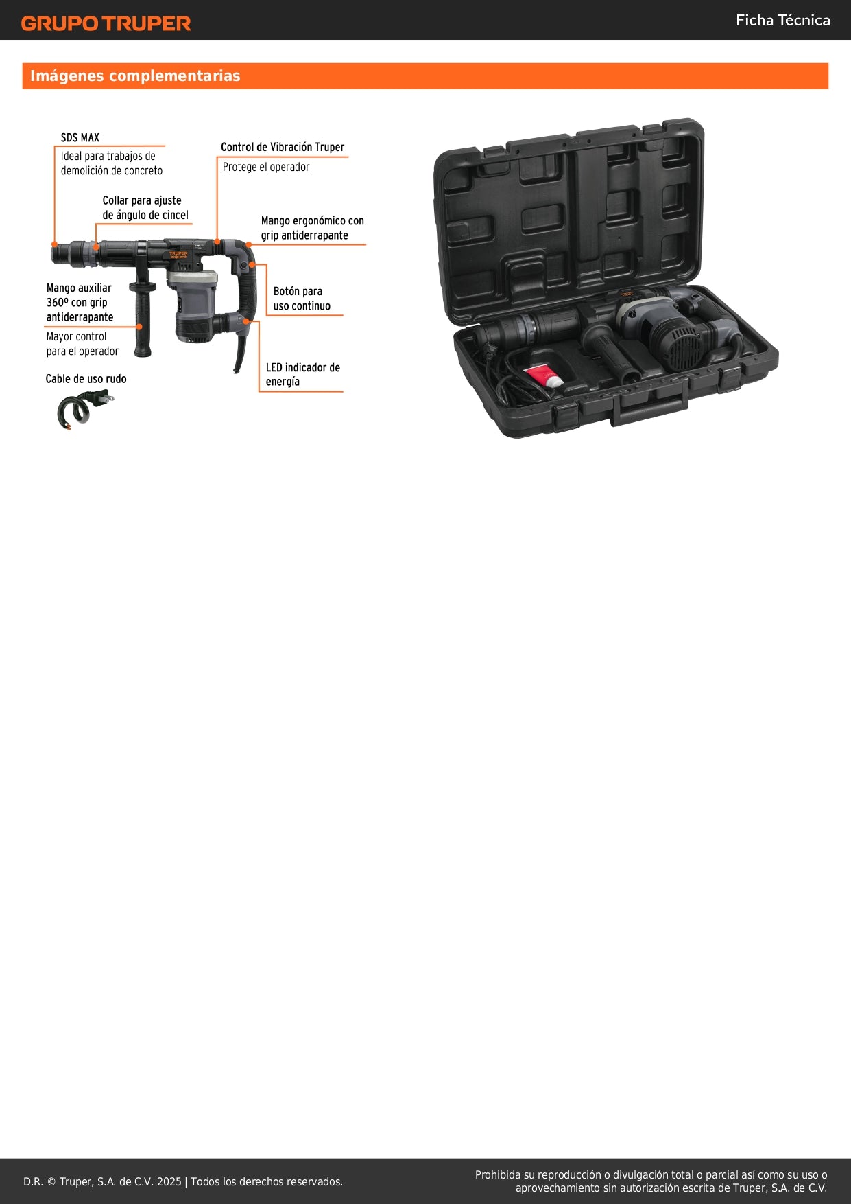 Martillo demoledor SDS Max 6kg, 14J, 1200W, TRUPER EXPERT