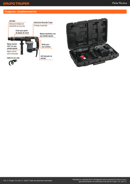 Martillo demoledor SDS Max 6kg, 14J, 1200W, TRUPER EXPERT