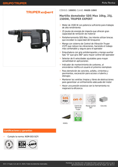Martillo demoledor SDS Max 10kg, 25J, 1500W, TRUPER EXPERT