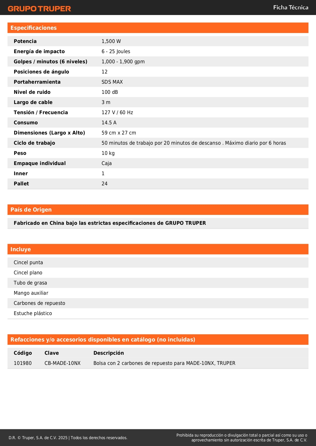 Martillo demoledor SDS Max 10kg, 25J, 1500W, TRUPER EXPERT