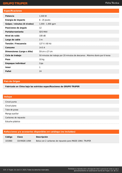 Martillo demoledor SDS Max 10kg, 25J, 1500W, TRUPER EXPERT