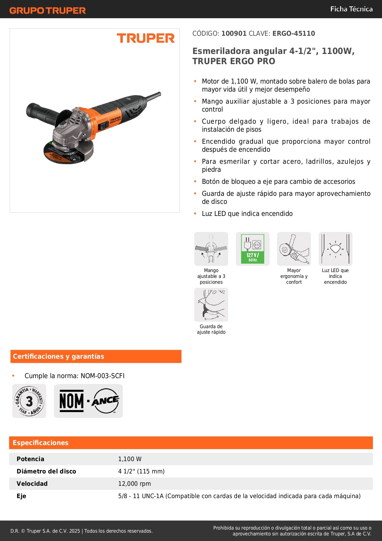 Esmeriladora Angular 4-1/2 Pulgadas 1100W TRUPER ERGO PRO - Motor Balero Bolas Mango Ajustable