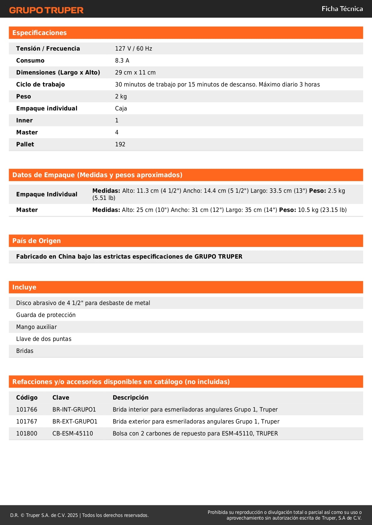 Esmeriladora Angular 4-1/2 Pulgadas 1100W TRUPER ERGO PRO - Motor Balero Bolas Mango Ajustable
