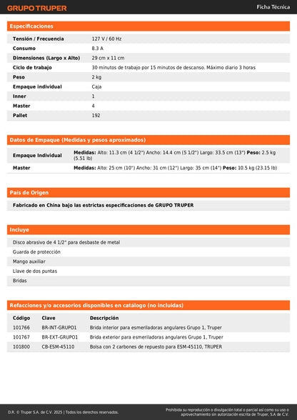 Esmeriladora Angular 4-1/2 Pulgadas 1100W TRUPER ERGO PRO - Motor Balero Bolas Mango Ajustable