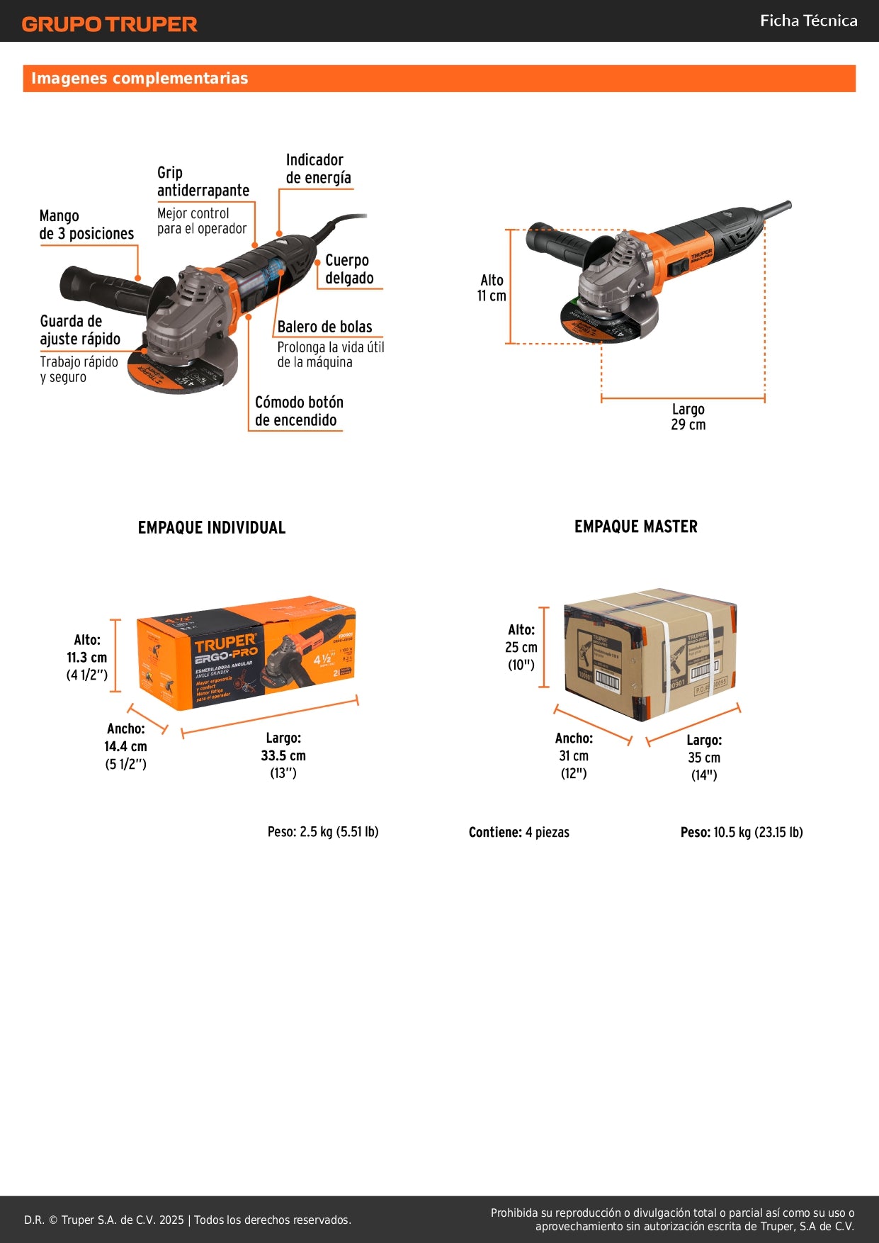 Esmeriladora Angular 4-1/2 Pulgadas 1100W TRUPER ERGO PRO - Motor Balero Bolas Mango Ajustable