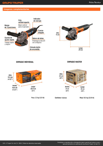 Esmeriladora Angular 4-1/2 Pulgadas 1100W TRUPER ERGO PRO - Motor Balero Bolas Mango Ajustable