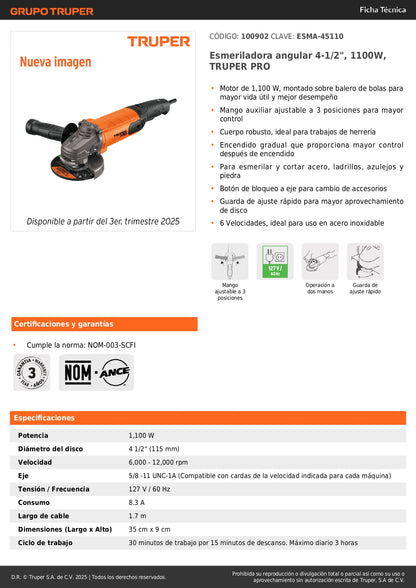 Esmeriladora Angular TRUPER PRO 4-1/2" 1100W 6 Velocidades - Solución Profesional para Corte y Esmerilado de Acero, Ladrillo y Piedra - ESMA-45110