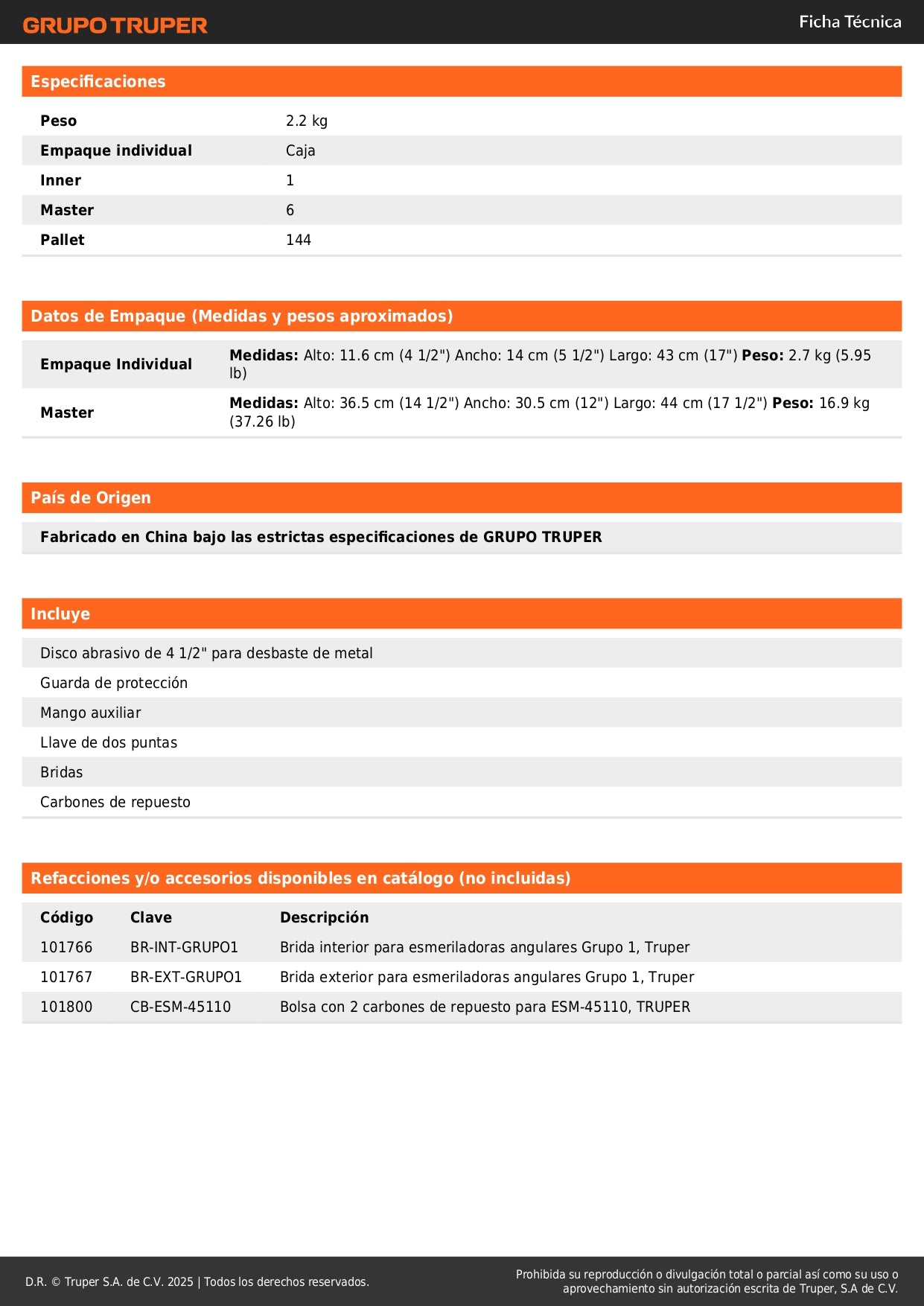 Esmeriladora Angular TRUPER PRO 4-1/2" 1100W 6 Velocidades - Solución Profesional para Corte y Esmerilado de Acero, Ladrillo y Piedra - ESMA-45110