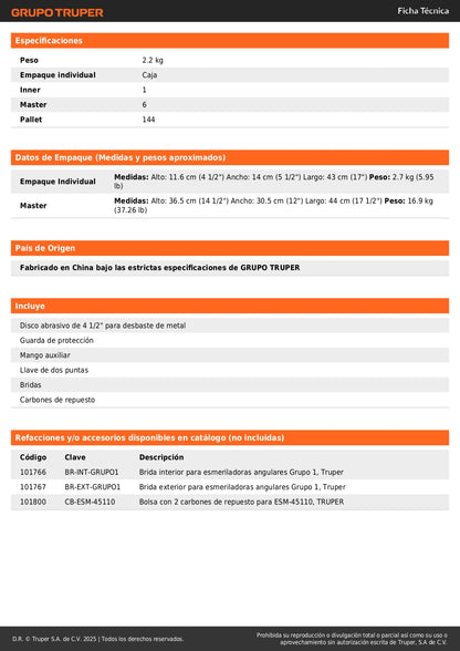 Esmeriladora Angular TRUPER PRO 4-1/2" 1100W 6 Velocidades - Solución Profesional para Corte y Esmerilado de Acero, Ladrillo y Piedra - ESMA-45110