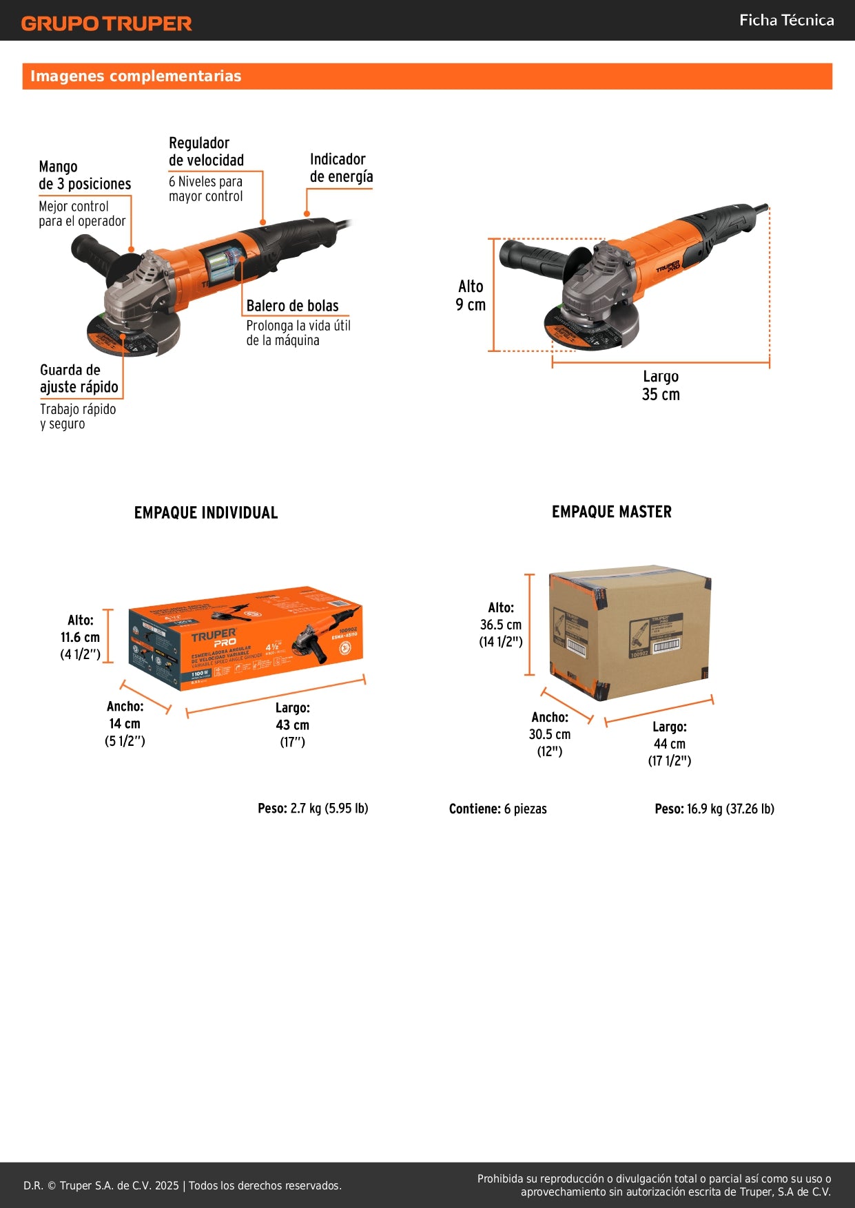 Esmeriladora Angular TRUPER PRO 4-1/2" 1100W 6 Velocidades - Solución Profesional para Corte y Esmerilado de Acero, Ladrillo y Piedra - ESMA-45110