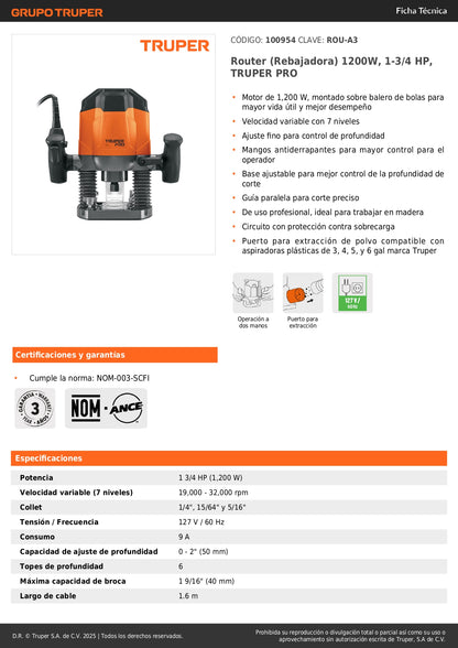 Router Rebajadora TRUPER PRO 1200W 1-3/4 HP - Herramienta Profesional para Carpintería y Trabajos en Madera con Control de Profundidad Variable