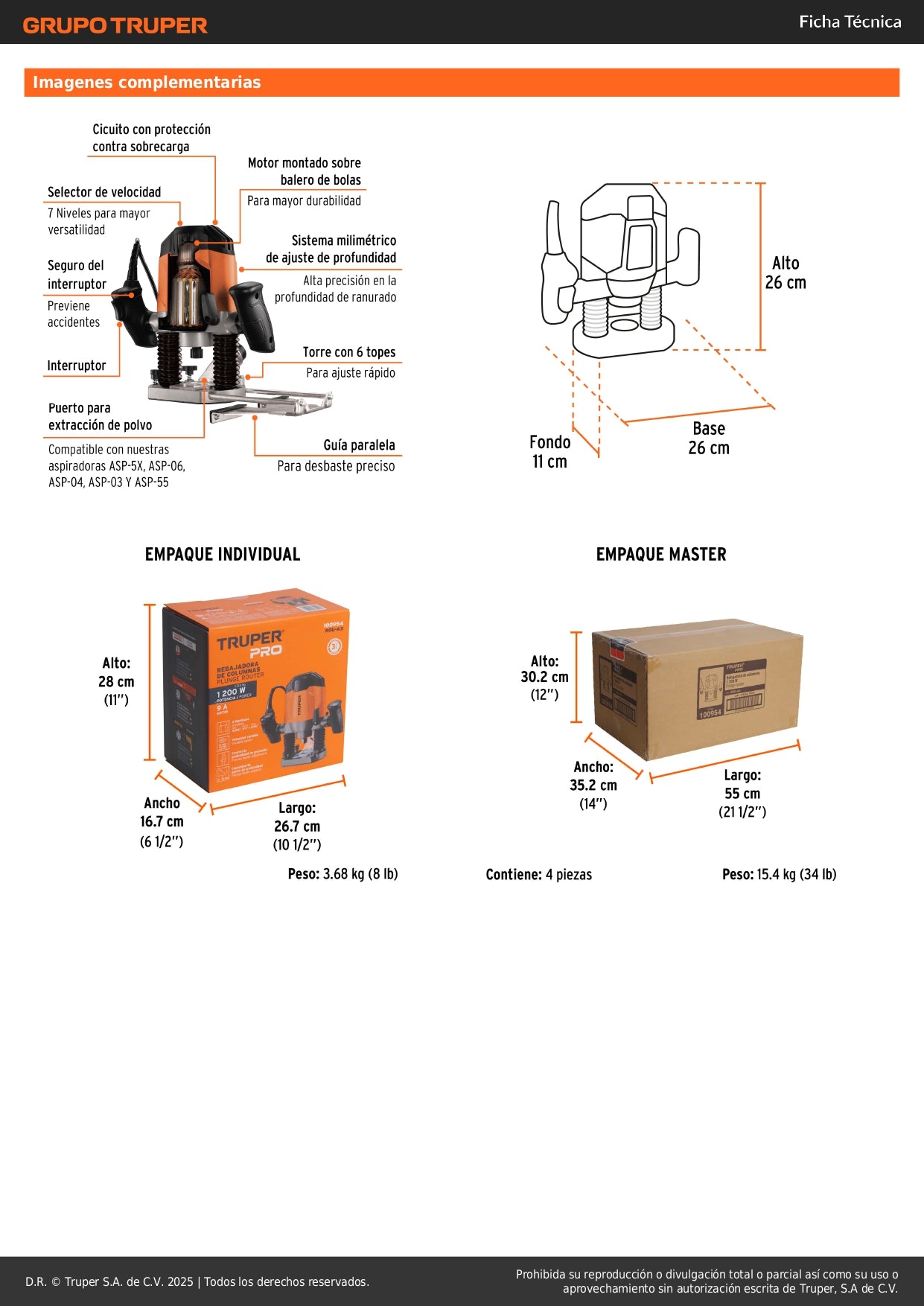 Router Rebajadora TRUPER PRO 1200W 1-3/4 HP - Herramienta Profesional para Carpintería y Trabajos en Madera con Control de Profundidad Variable