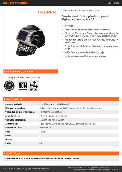 Careta Electrónica Soldadura CAREL-913C Digital 9-13 Profesional - Protección Ocular Automática con Filtro True Color