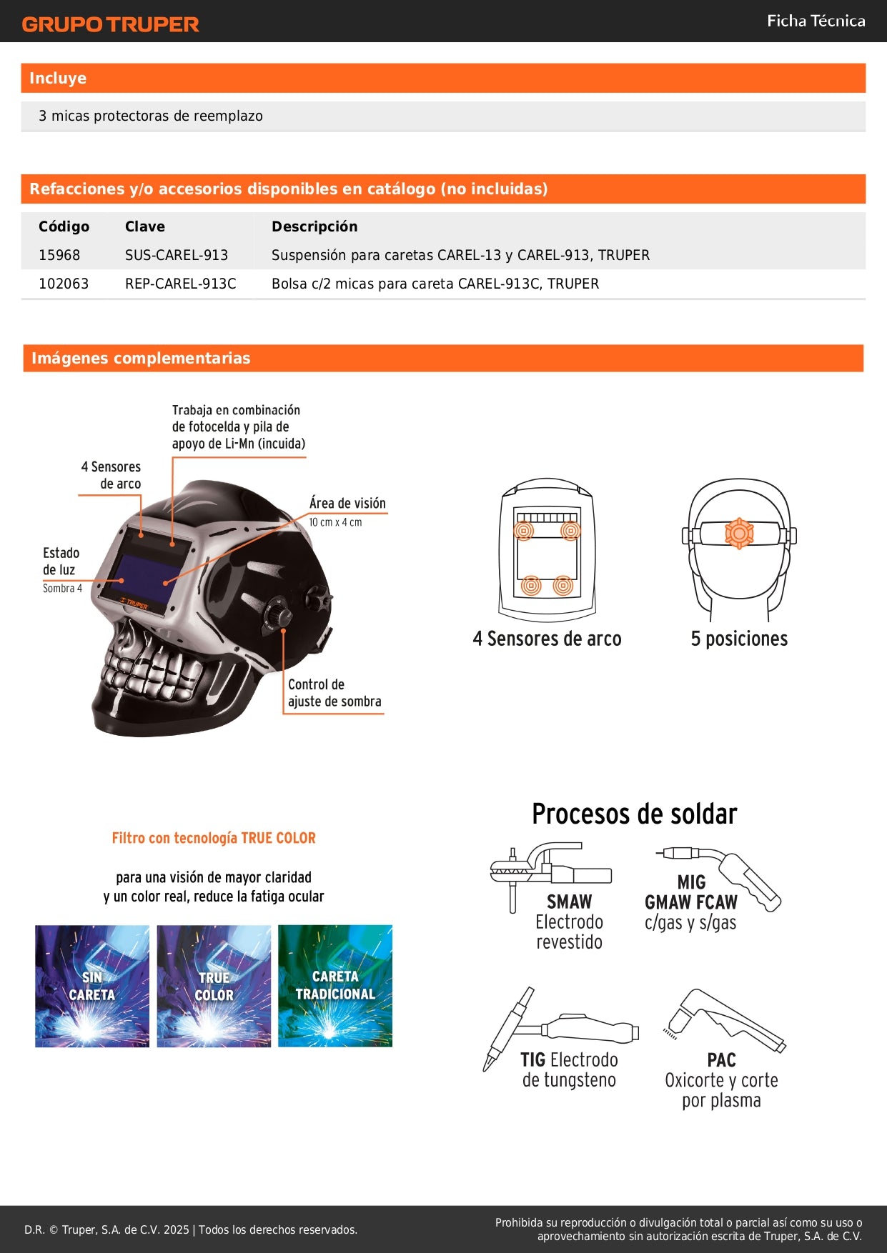 Careta Electrónica Soldadura CAREL-913C Digital 9-13 Profesional - Protección Ocular Automática con Filtro True Color