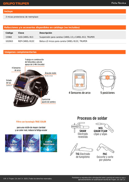 Careta Electrónica Soldadura CAREL-913C Digital 9-13 Profesional - Protección Ocular Automática con Filtro True Color