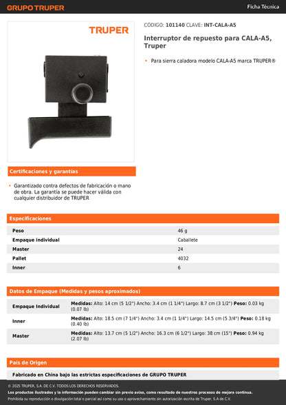 Interruptor de repuesto para CALA-A5, Truper