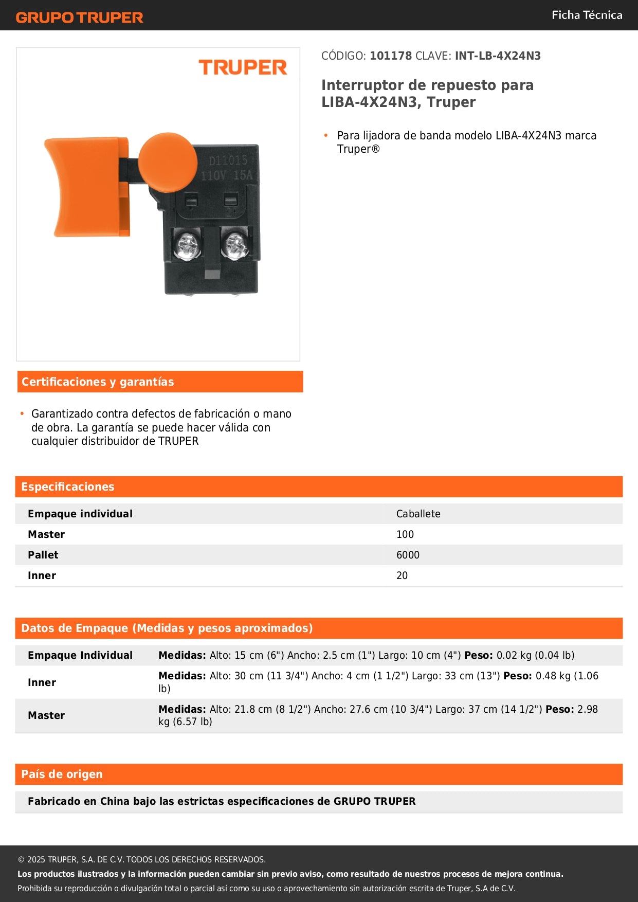 Interruptor de repuesto para LIBA-4X24N3, Truper