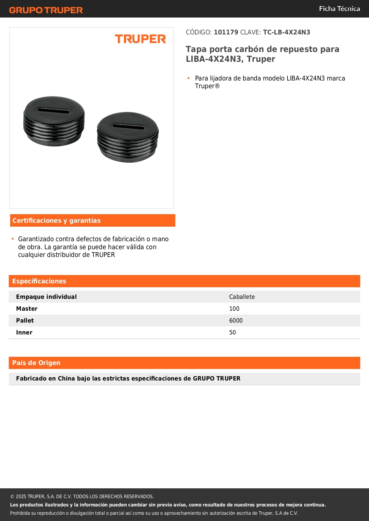 Tapa porta carbón de repuesto para LIBA-4X24N3, Truper