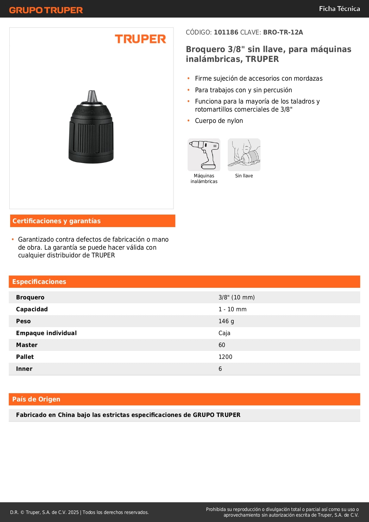 Broquero 3/8" sin llave, para máquinas inalámbricas, TRUPER