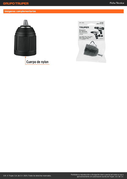 Broquero 3/8" sin llave, para máquinas inalámbricas, TRUPER