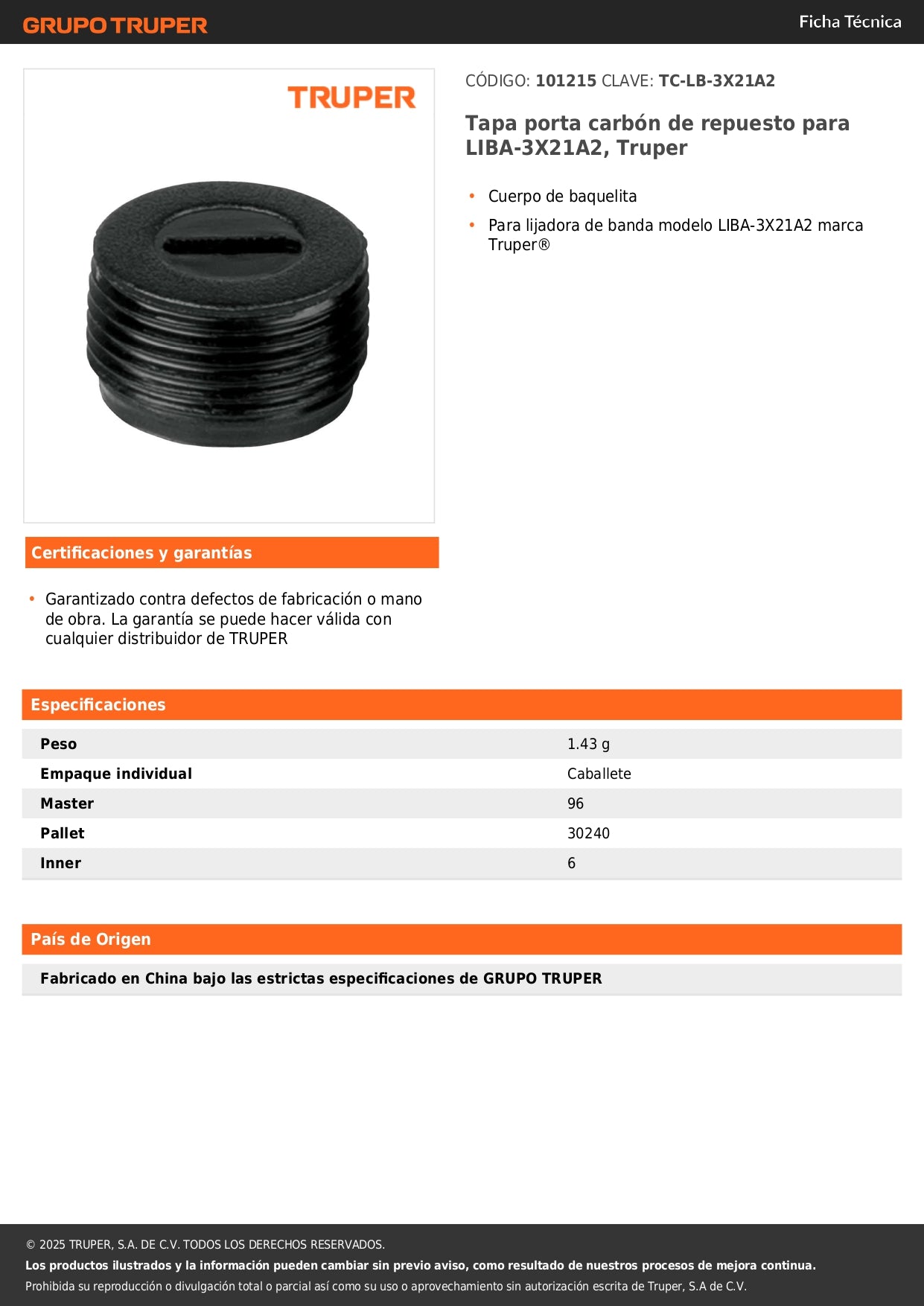 Tapa porta carbón de repuesto para LIBA-3X21A2, Truper