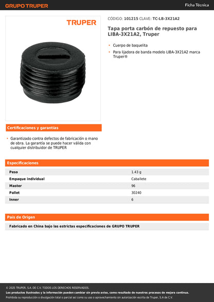 Tapa porta carbón de repuesto para LIBA-3X21A2, Truper