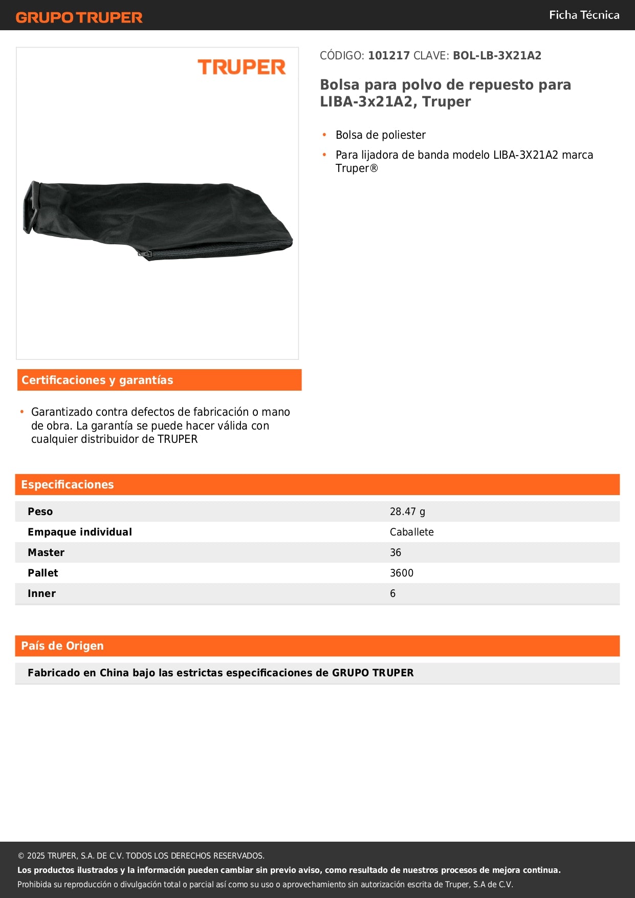 Bolsa para polvo de repuesto para LIBA-3x21A2, Truper