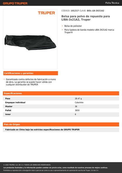 Bolsa para polvo de repuesto para LIBA-3x21A2, Truper
