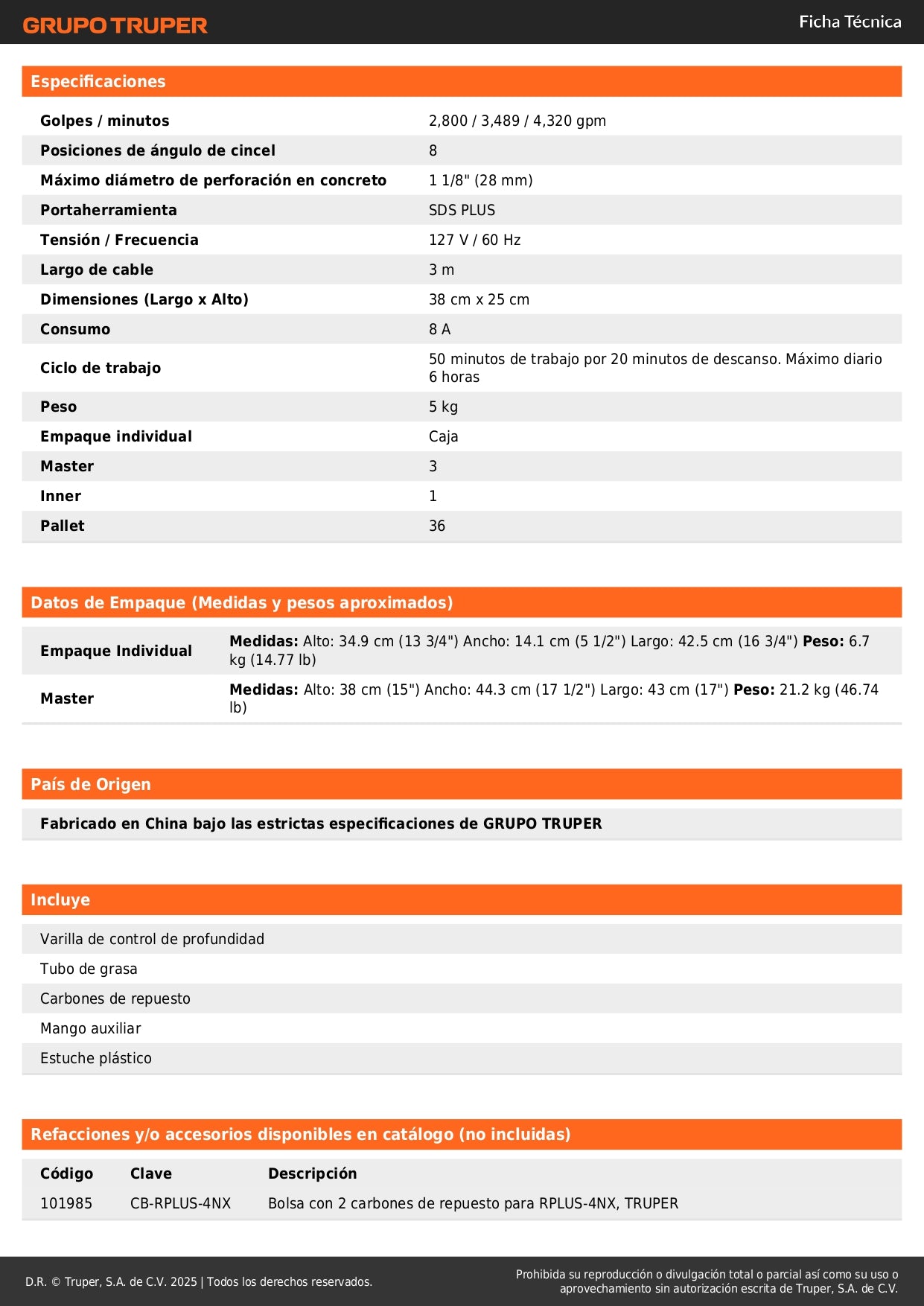 Rotomartillo SDS Plus 4 Joules, 1000W, TRUPER EXPERT