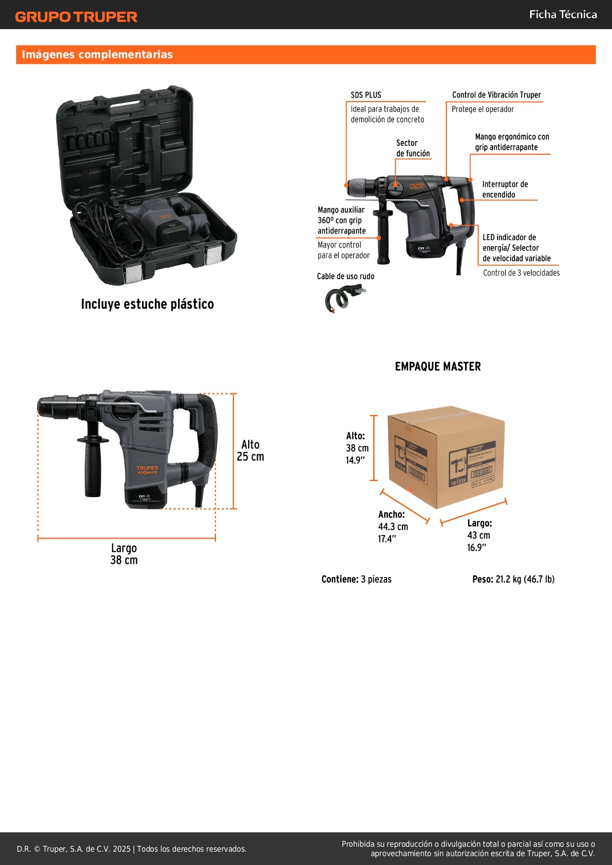 Rotomartillo SDS Plus 4 Joules, 1000W, TRUPER EXPERT