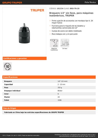 Broquero 1/2" sin llave, para máquinas inalámbricas, TRUPER