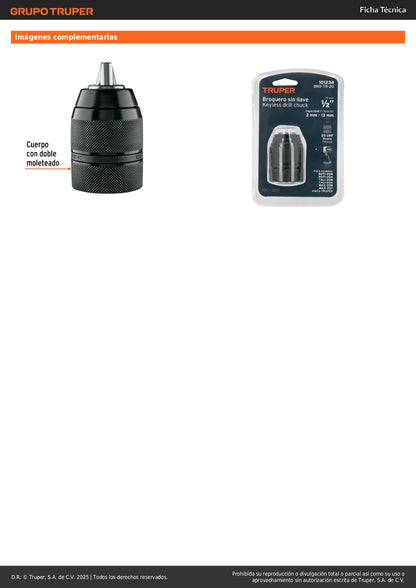 Broquero 1/2" sin llave, para máquinas inalámbricas, TRUPER