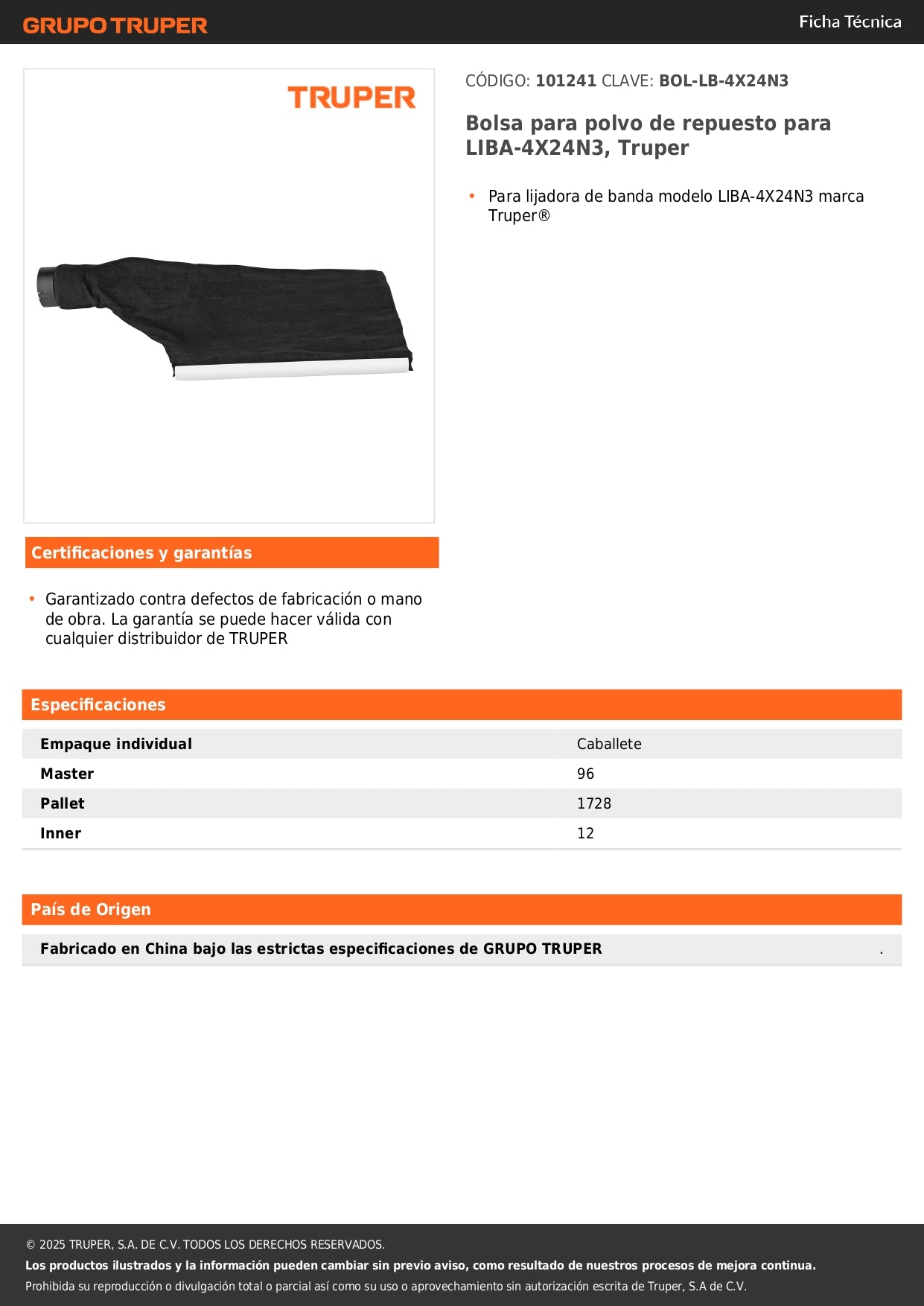 Bolsa para polvo de repuesto para LIBA-4X24N3, Truper