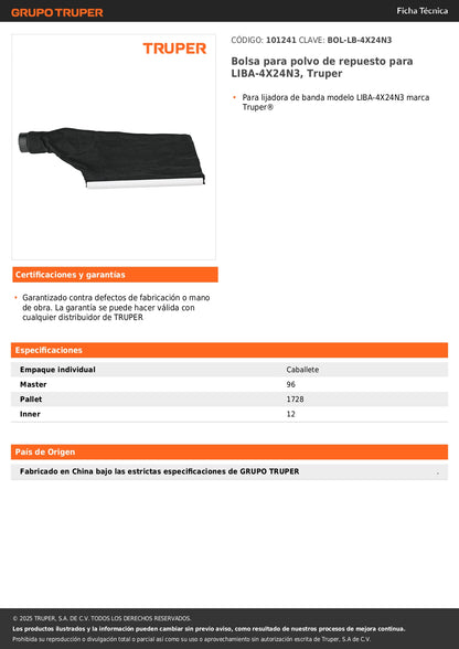 Bolsa para polvo de repuesto para LIBA-4X24N3, Truper