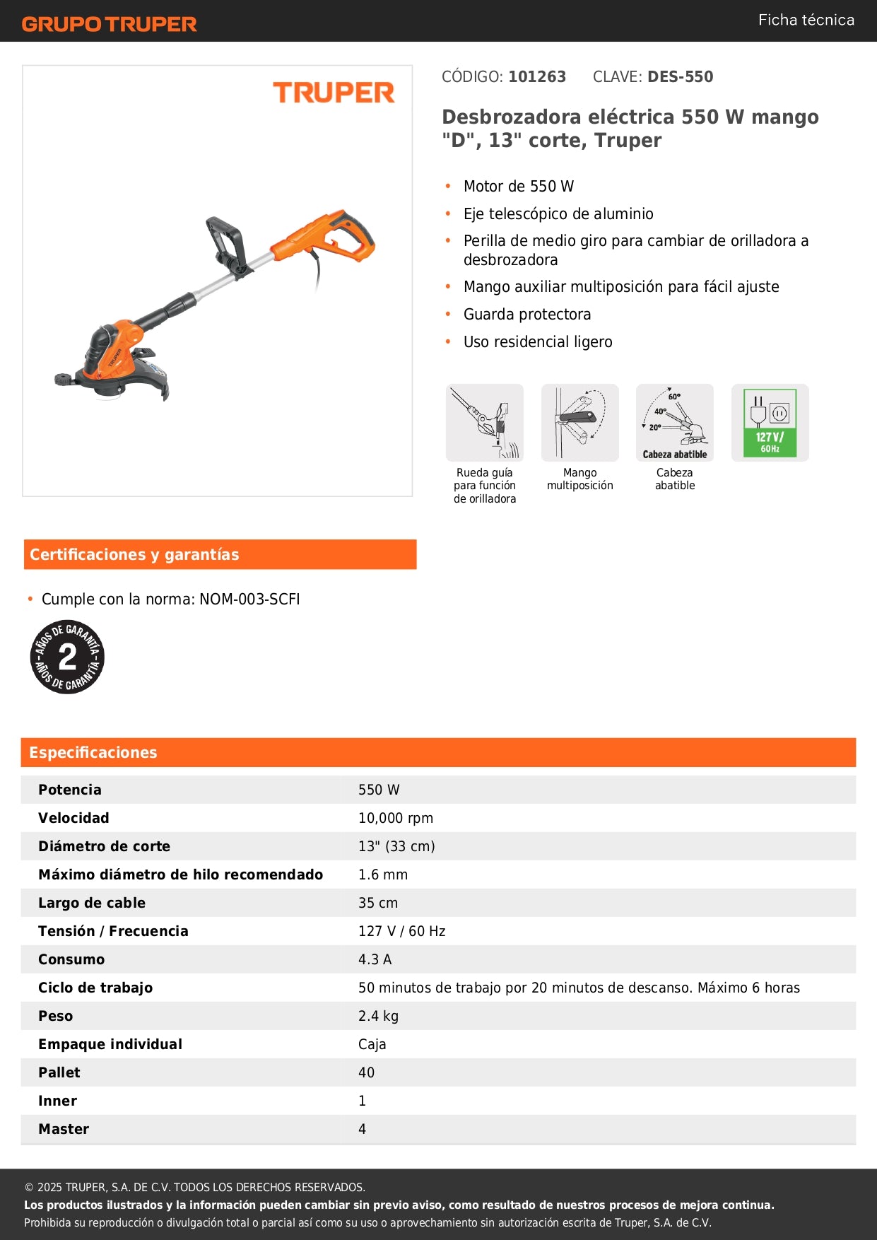 Desbrozadora eléctrica 550 W mango "D", 13" corte, Truper