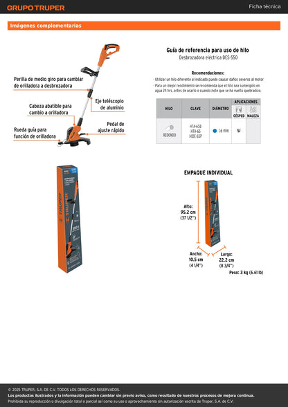 Desbrozadora eléctrica 550 W mango "D", 13" corte, Truper