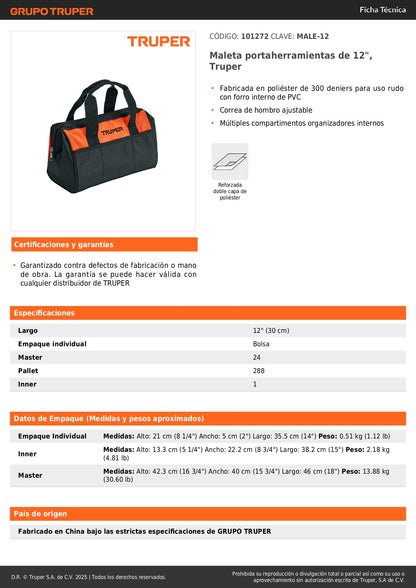 Maleta Portaherramientas Profesional 12 Pulgadas MALE-12 Truper - Organiza y Transporta Herramientas con Facilidad
