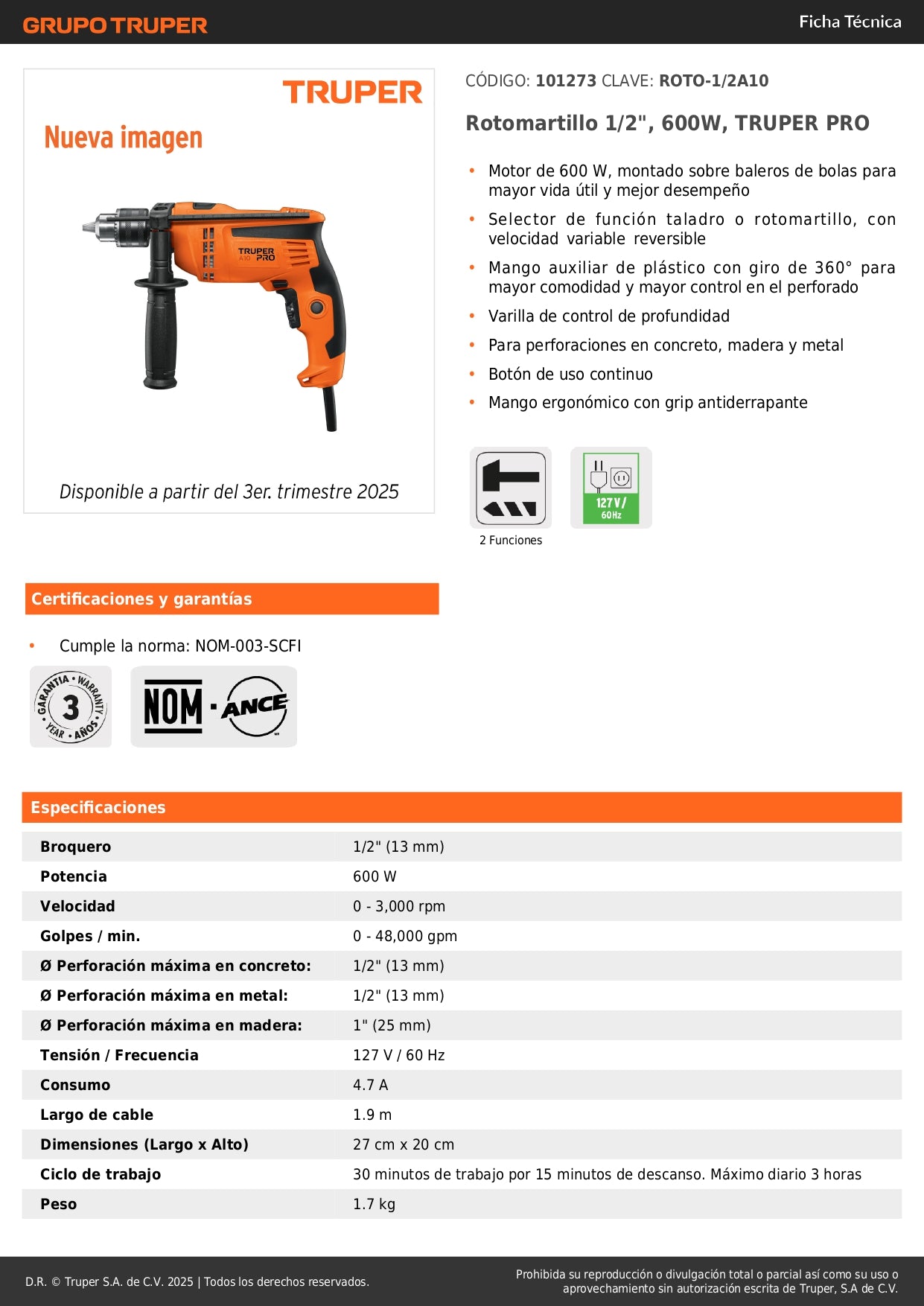Rotomartillo TRUPER PRO 1/2" 600W ROTO-1/2A10 - Taladro Percutor Profesional