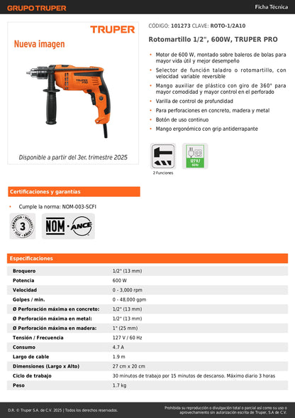 Rotomartillo TRUPER PRO 1/2" 600W ROTO-1/2A10 - Taladro Percutor Profesional