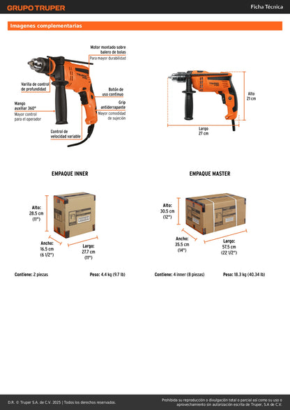 Rotomartillo TRUPER PRO 1/2" 600W ROTO-1/2A10 - Taladro Percutor Profesional