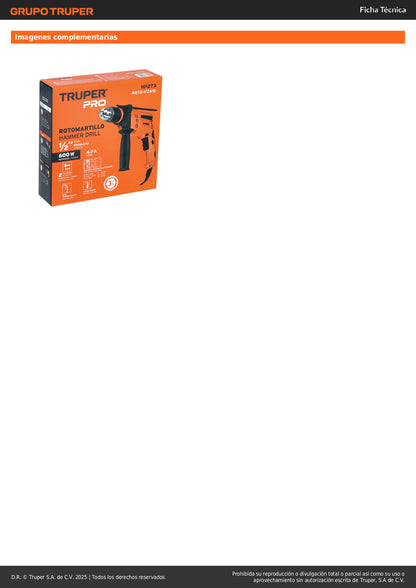 Rotomartillo TRUPER PRO 1/2" 600W ROTO-1/2A10 - Taladro Percutor Profesional