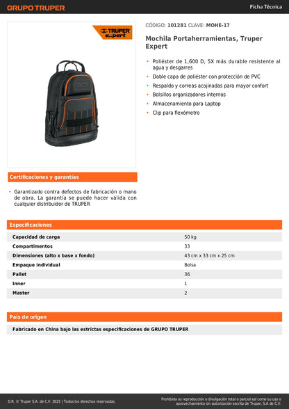 Mochila Portaherramientas Profesional Truper Expert MOHE-17 - Resistente al Agua con Compartimento para Laptop y Organización de Herramientas