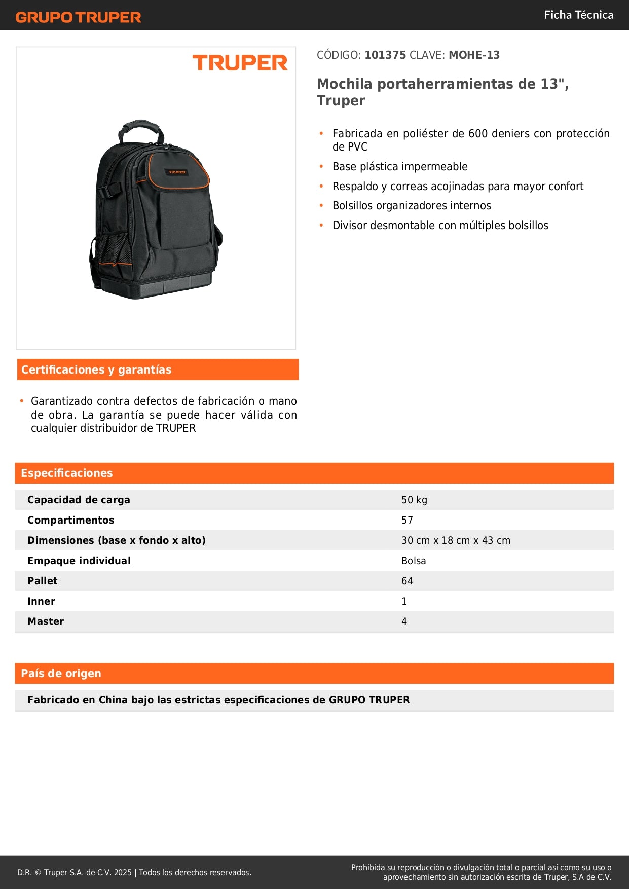 Mochila Portaherramientas Truper 13 Pulgadas MOHE-13 - Organización Profesional con Base Impermeable y Respaldo Acolchado para Técnicos y Electricistas