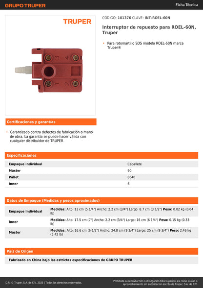 Interruptor de repuesto para ROEL-60N, Truper